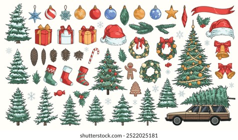 Merry Christmas colorful set stickers with new years items symbolizing celebration of traditional december holidays vector illustration