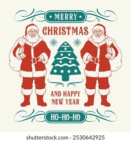 Merry Christmas colorful sticker with Santa Claus and Father Frost standing near New Year fir and inscription ho-ho-ho vector illustration