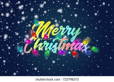 Merry Christmas colorful text title with beautiful garland lights and snowfall. Holiday vector illustration. Shiny lettering composition