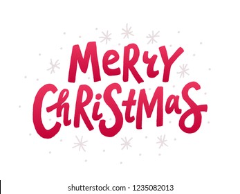 Merry Christmas colorful text. Vector illustration. Cartoon xmas design red isolated on white background. Design for print on christmas cards, banner, poster, flyer post in media