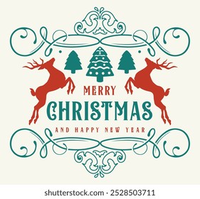 Merry Christmas colorful vintage flyer with Santa Claus reindeer and New Year tree for holiday magazine issue design vector illustration