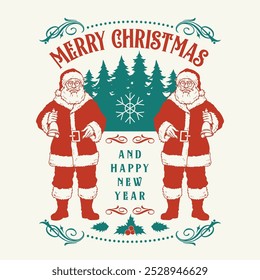 Merry Christmas colorful vintage flyer with two Santa Claus with happy New Year inscription for greeting card decoration vector illustration