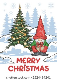 Merry Christmas colorful vintage poster with xmas gnome helping Santa deliver gifts standing near New Year tree vector illustration