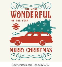 Merry Christmas colorful vintage poster with SUV carrying Christmas tree cut down in forest to create festive interior vector illustration