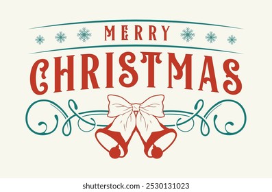 Merry Christmas colorful vintage poster with two bells near retro style curlicues and snowflakes for New Year decorations vector illustration