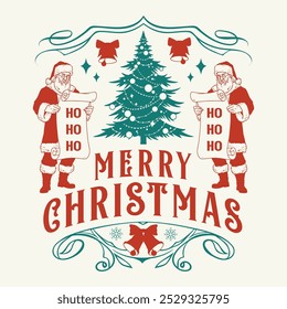 Merry Christmas colorful vintage sticker with Santa Claus with list gifts in his hands and New Year tree vector illustration