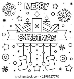 Merry Christmas. Coloring page. Black and white vector illustration.