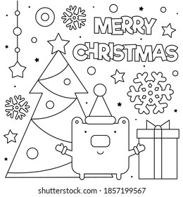 Merry Christmas. Coloring page. Black and white vector illustration.