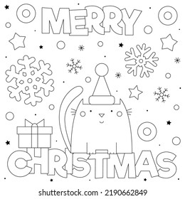 Merry Christmas. Coloring page. Black and white vector illustration of cat with present
