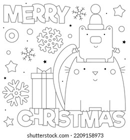 Merry Christmas. Coloring page. Black and white vector illustration of a bear with a cat