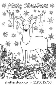 Merry Christmas Coloring page with deer and winter holiday object composition. New year and Christmas black and white A4 template for greeting cards, mock ups, coloring page and coverswith text place.