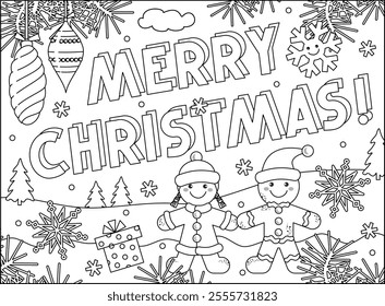 Merry Christmas! coloring page, sign, poster, greeting card or banner with text, gingerbread man and gingerbread girl, ornaments, gift box, spruce.
