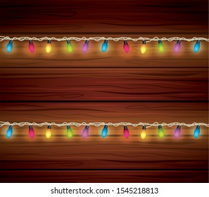 merry christmas colors bulbs lights in wooden background vector illustration design