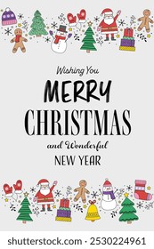Merry Christmas. Colourful greeting card with cartoon ornaments. Vector illustration