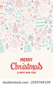 Merry Christmas. Colourful greeting card with cartoon ornaments. Vector illustration