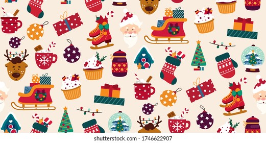 Merry christmas colourful seamless pattern vector illustration. Reindeer decoration ball tree and skating flat style. Bright decor for winter holiday concept. Isolated on white background