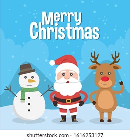 Merry Christmas! Merry Christmas companions. Santa Claus, snowman and reindeer in the Christmas snow.