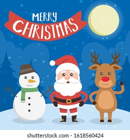 Merry Christmas! Merry Christmas companions. Santa Claus, snowman and reindeer in the Christmas snow.