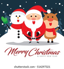 Merry Christmas companions with Santa Claus, Snowman and Reindeer