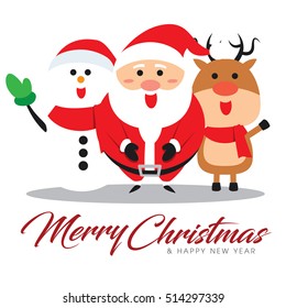 Merry Christmas companions with Santa Claus, Snowman and Reindeer