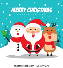 Merry Christmas companions with Santa Claus, Snowman and Reindeer