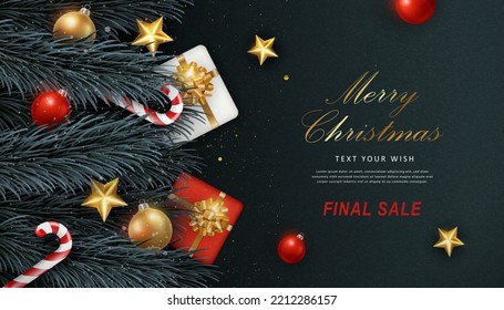 Merry Christmas composition 3D realistic pine fir tree branches gift box with golden ribbon candy cane and decoration baubles ball star ornaments