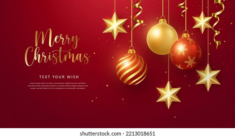 Feliz Navidad composición 3D cinta de oro realista y decoración en baudible ornamentos de estrellas de bola