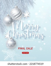 Merry Christmas composition 3D realistic silver pine fir tree branches and decoration ball star ornaments