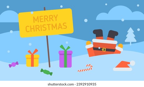 Merry Christmas composition candies gifts Santa stuck in snowdrift. Vector Illustration