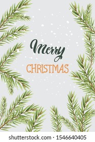 Merry christmas composition with conifer tree leaves. Snow falling from upside. Holiday vector
