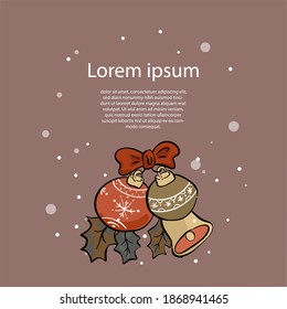 Merry Christmas composition, Cute New Year objects, set for your design. Doodle for textiles, t-shirts or postcards. Lettering handwriting. Holiday concept. Xmas card illustration.