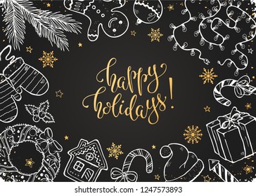 Merry Christmas composition in doodle style on black background. Vector illustration of xmas traditional symbols. Gingerbread, Christmas tree, garland and wreath design elements. Happy holidays.