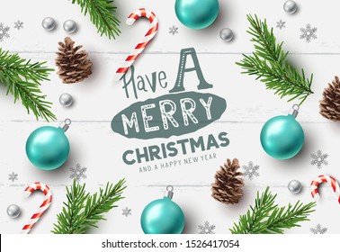 Merry christmas composition with christmas elements on a rustic wooden background. Vector illustration.