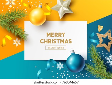 Merry Christmas Composition with fir branches, christmas baubles and snowflakes on a colorful abstract background. Top view vector illustration.