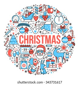 Merry Christmas composition and lettering in form of ball. Flat style thin line art icons color set isolated on white background.