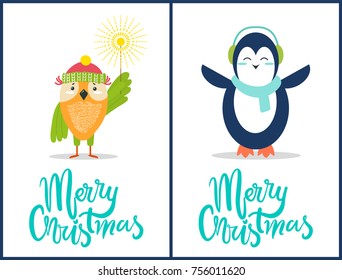 Merry Christmas composition of owl wearing red hat of Santa Claus and holding Bengal light and icon penguin with scarf isolated on vector illustration