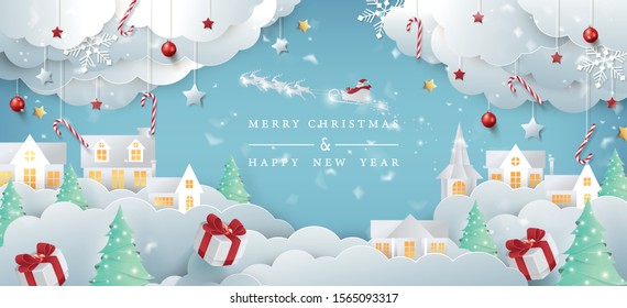 Merry christmas composition in paper cut style.Santa Claus on the sky Vector illustration. 