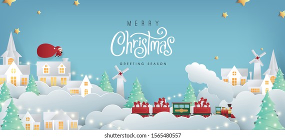 Merry christmas composition in paper cut style.Santa Claus with a huge bag on the run to delivery christmas gifts. Vector illustration. 