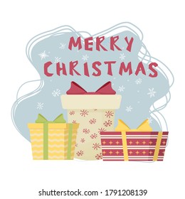 Merry Christmas composition with present, gifts, text and snowflakes isolated on white background stock vector illustration