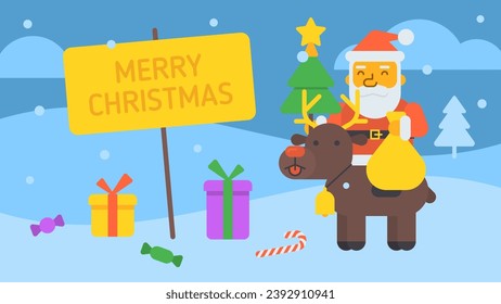 Merry Christmas composition Santa sitting on reindeer holding gift bag and Christmas tree. Vector Illustration
