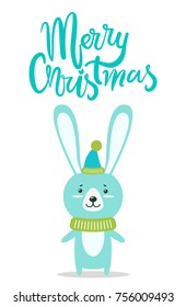 Merry Christmas, composition that is made up of image of calm rabbit wearing green scarf and hat, icon and creative headline on vector illustration
