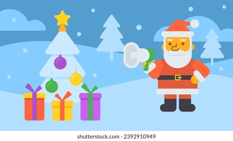 Merry Christmas composition Christmas tree gifts Santa holding megaphone. Vector Illustration