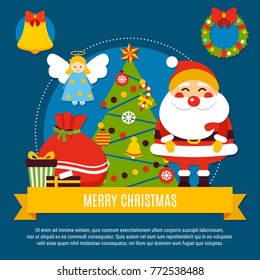 Merry christmas composition with xmas tree, santa, angel, greetings at yellow ribbon on dark background vector illustration