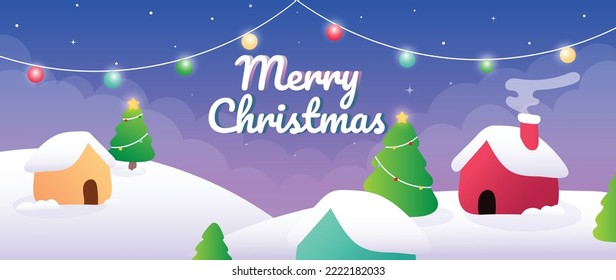 Merry christmas concept background vector. Decorative christmas elements, colorful light wire, snow, house, north pole, trees, stars. Design for banner, invitation, card, greeting, cover, poster.