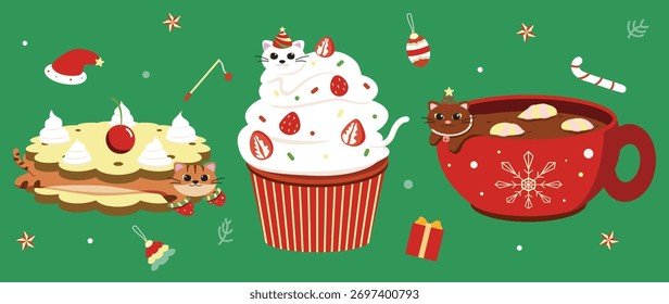 Vetor de fundo de conceito Feliz Natal. Desenho de coleção de gatos bonitos com comida, lenço decorativo, chapéu. Design adequado para banner, convite, cartão, saudação, banner, capa bonita.