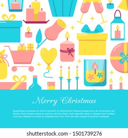 Merry Christmas concept banner in flat style with place for text. Bright poster with celebration symbols including candles and presents. Vector illustration.