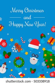 Merry Christmas Concept Banner With Flat Icon Set on Blue Background.
