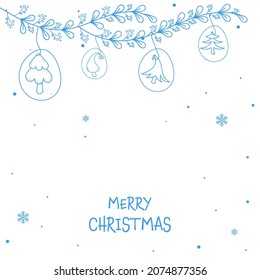 Merry Christmas Concept With Blue Linear Style Xmas Tree Hang, Berry Leaf Branch On Blue Background.