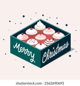 Merry Christmas Concept with Box of Cupcakes on White Background.