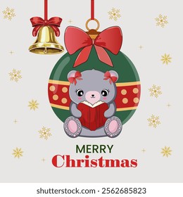 Merry Christmas Concept with Cartoon Bear Reading Book, Bauble and Jingle Bell Hang on Snowflake White Background.